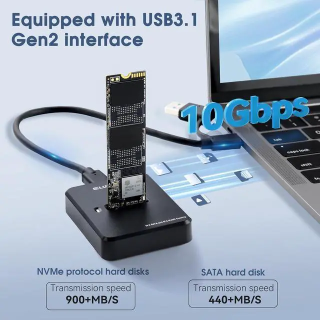 Alt view image 2 of 7 - ELUTENG M.2 NVMe & SATA to USB C Docking Station Dual Protocol 10Gbps External SSD Enclosure for M Key, B+M Key Support 2280 2260 2242 2230 SSDs with 2in1 Cable