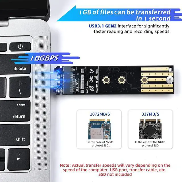 Alt view image 3 of 7 - ELUTENG M.2 to USB Adapter Dual Protocol M.2 NVME SATA Hard Drive USB3.1 Gen2 10Gbps USB to NVME PCI-E SSD Reader M Key & B+M Key Max 4TB Support UASP for 2280 2260 2242 2230 SSD Enclosure
