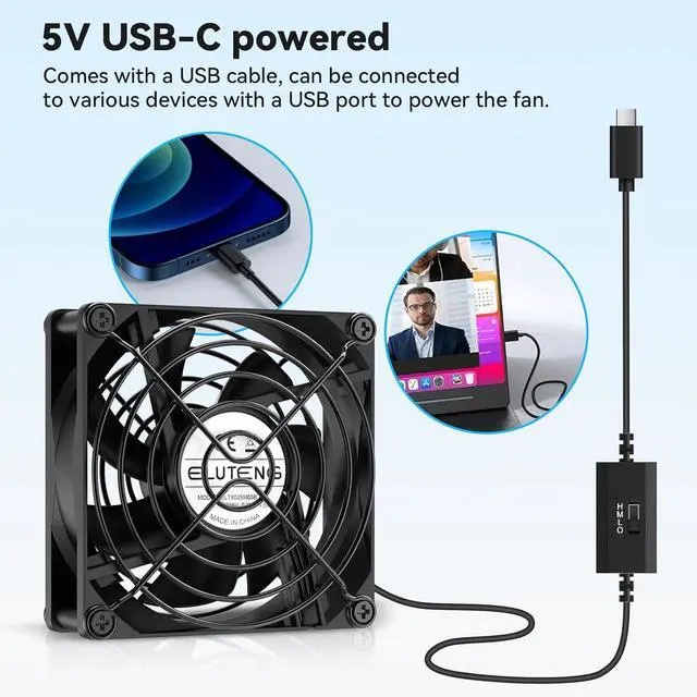 Alt view image 2 of 7 - ELUTENG USB-C Powered Fan 80mm Double Sided Metal Gril USB C Fans with 3 Adjustable Speeds Silent Hydraulic Computer Cabinet Cooling 8cm for Router, Receiver, TV Box, DVR, Xbox, PS6, Cabinet