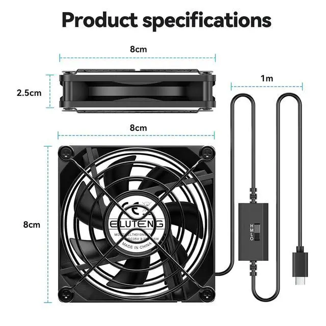 Alt view image 5 of 7 - ELUTENG USB-C Powered Fan 80mm Double Sided Metal Gril USB C Fans with 3 Adjustable Speeds Silent Hydraulic Computer Cabinet Cooling 8cm for Router, Receiver, TV Box, DVR, Xbox, PS6, Cabinet