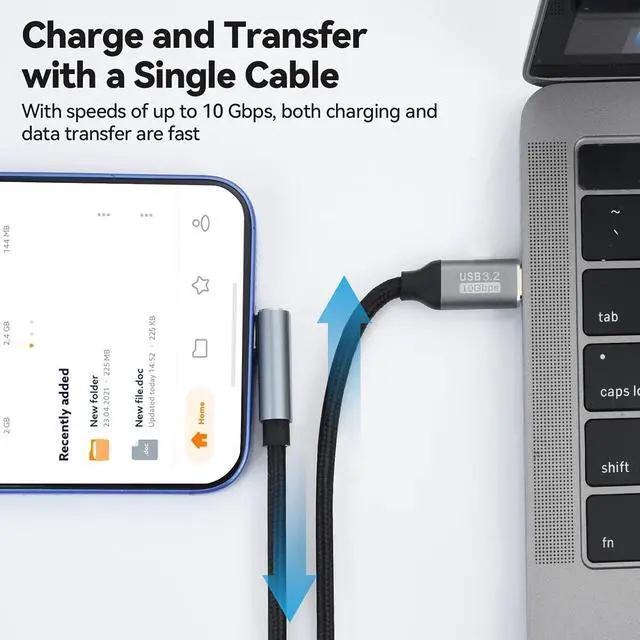 Alt view image 4 of 7 - ELUTENG Right Angle USB C to USB C Cable 6.6ft 10Gbps High Speed Transfer 100W Type C Fast Charging Cord 4K@60Hz Durable Nylon Braided USBC Cables 2m for Phone, MacBook, Laptop, VR Link, Steam Deck