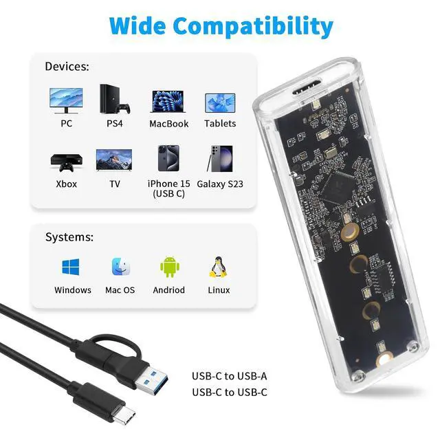 Alt view image 6 of 7 - ELUTENG Transparent M.2 NVMe SSD Enclosure with Colorful LED Lights, 10Gbps M2 SSD Enclosure Tool-Free NVMe to USB Adapter External Enclosure for M-Key SSD 2230 2242 2260 2280 Sizes Support UASP Trim