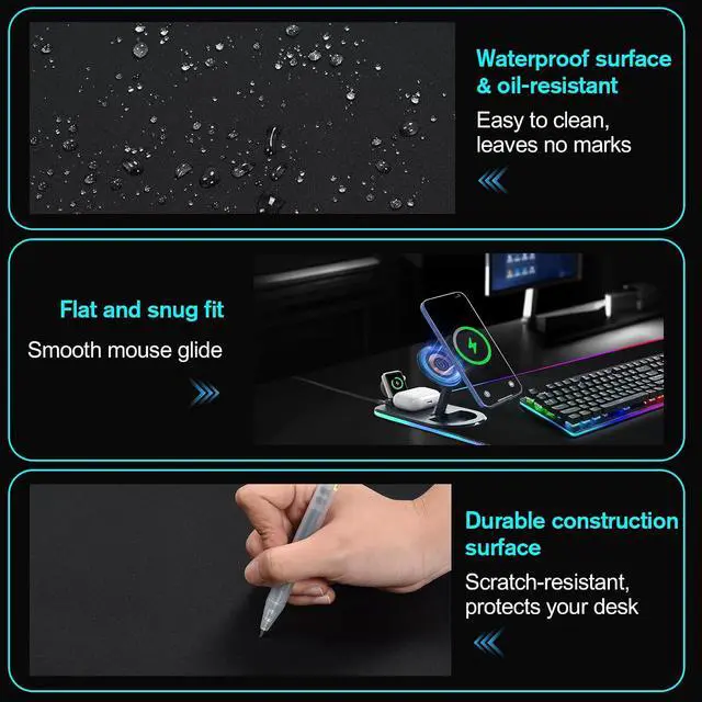 Alt view image 6 of 7 - ELUTENG 4-in-1 RGB Gaming Mouse Pad with Phone Holder, Wireless Charging Desk Mat, Waterproof Ultra-Smooth Large Keyboard Pad, Non-Slip Base Home Office Desk Mat 35.43"x15.75"