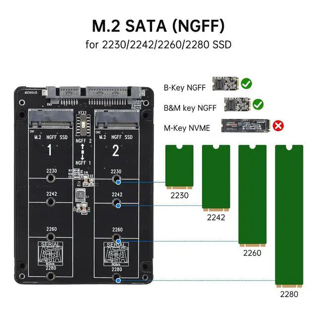 Alt view image 2 of 7 - ELUTENG M.2 SATA NGFF to SATA Adapter (Not Support NVME/ M.2 PCIE) 6Gbps Dual NGFF MSATA B Key/ B&M Key SSD to 2.5" III Converter Adapter Max 4TB Support 2230 2242 2260 2280 SSDs