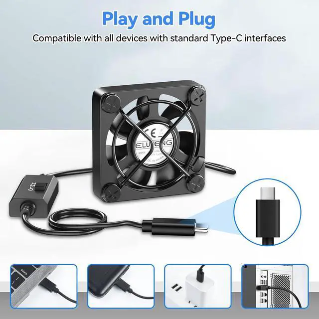 Alt view image 3 of 7 - ELUTENG 40mm Mini USB-C Fan | Double Sided Metal Grill, 3 Adjustable Speeds, 5V Quiet 4cm PC Case Ventilator