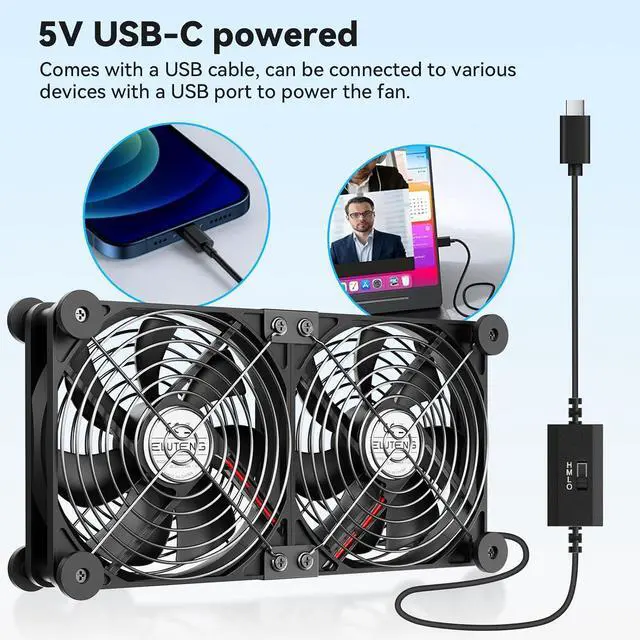 Alt view image 2 of 7 - ELUTENG USB C Fans 140mm Dual with Mats PC Cooling Ventilator TypeC Quite 5V USBC Computer Fan with 3 Speed Controller for Router, Receiver, TV Box, DVR, Xbox, PS6, PS5, Cabinet