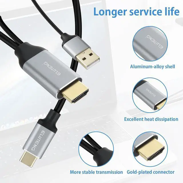 Alt view image 7 of 7 - ELUTENG HDMI to USB C Cable 6.6FT 4K@60Hz with USB Power Suply HDMI Male to Type C Male Converter Cable Compatible with Xreal Air, Nreal Air, PS5, Portable Monitor