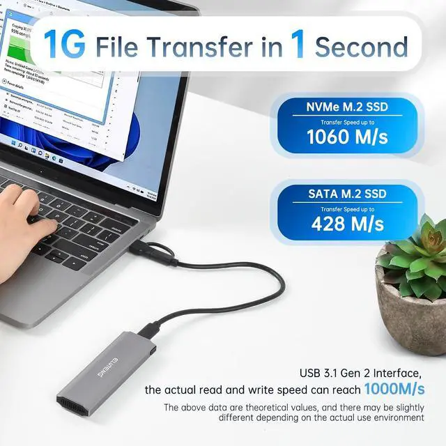 Alt view image 2 of 5 - ELUTENG M.2 SSD Enclosure M.2 NVME SATA Dual Protocol Hard Drive Enclosure Aluminum USB 3.2 Gen 2 10Gbps External NVMe to USB SSD Reader Max 4TB Supports M and B&M Keys SSDs