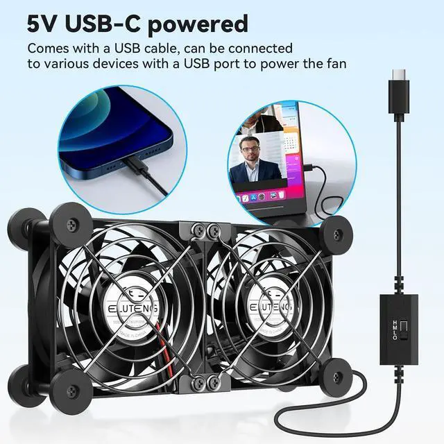 Alt view image 2 of 7 - ELUTENG USB-C Fans 80mm Dual with 8 Mats | USBC Computer Fan, 5V Quiet, 3 Speed Controller, For Router, Receiver, TV Box, DVR, Xbox, PS6, Cabinet