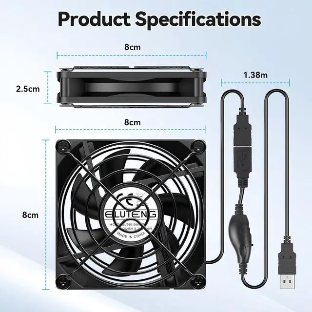 Alt view image 5 of 7 - ELUTENG 80mm USB Cooling Fan 5V with Variable Speed Control 2000-4000RPM USB Computer Fans Quiet Metal Grill 7 Blade Hydraulic PC Cooling Ventilator 8cm for PC, TV Box, DVR, Xbox, PS5, Cabinet