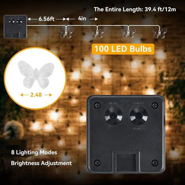Alt view image 5 of 7 - ELUTENG Outdoor String Lights 100 LED 39.4FT Solar Lights Outdoor Waterproof with 8 Lighting Modes Decorative Butterfly Solar Powered Patio Lights for Garden Yard Balcony Porch Wedding Party Decor