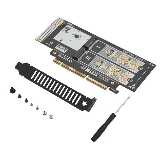 Alt view image 2 of 7 - ELUTENG Dual-Slot NVMe to PCIe 5.0 x16 Interface Expansion Card (Supports Up to x8 Bandwidth) 64Gbps Backward Compatible with PCIe 4.0/3.0/2.0 Adapters Supports 2230/2242/2260/2280 SSD Form Factors