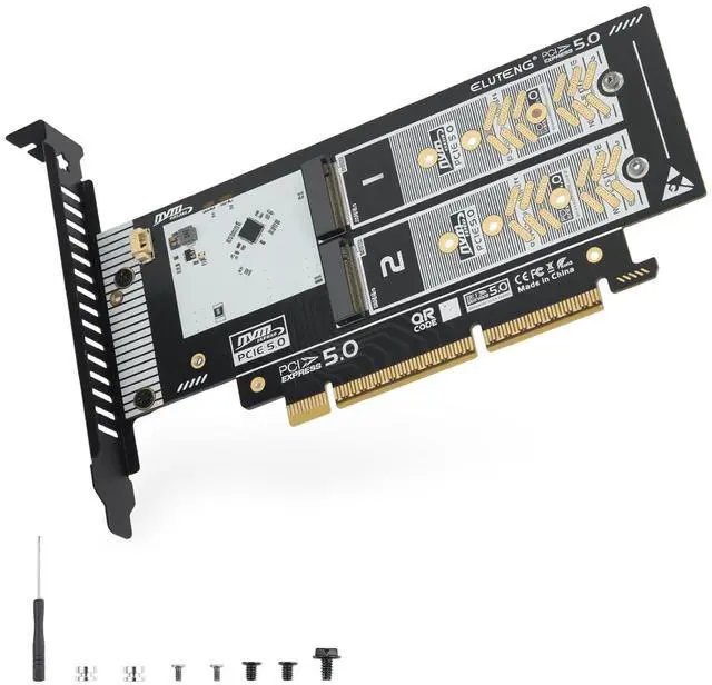 Main image of ELUTENG Dual-Slot NVMe to PCIe 5.0 x16 Interface Expansion Card (Supports Up to x8 Bandwidth) 64Gbps Backward Compatible with PCIe 4.0/3.0/2.0 Adapters Supports 2230/2242/2260/2280 SSD Form Factors