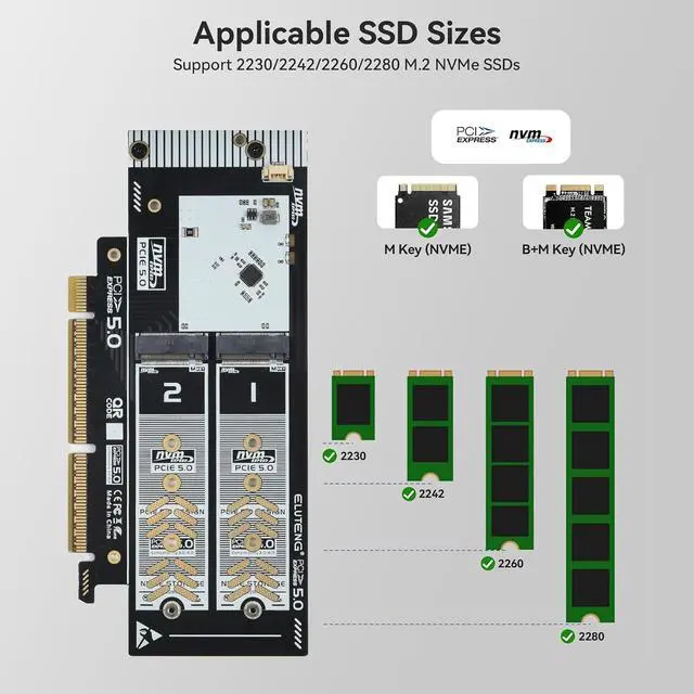 Alt view image 3 of 7 - ELUTENG Dual-Slot NVMe to PCIe 5.0 x16 Interface Expansion Card (Supports Up to x8 Bandwidth) 64Gbps Backward Compatible with PCIe 4.0/3.0/2.0 Adapters Supports 2230/2242/2260/2280 SSD Form Factors
