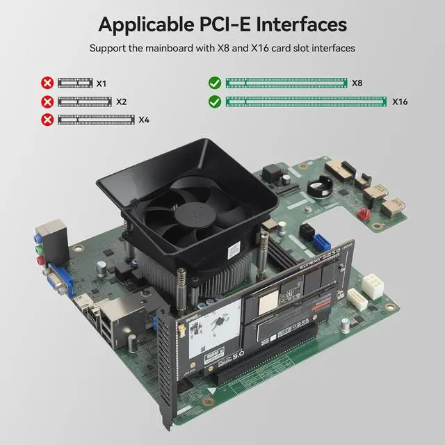 Alt view image 4 of 7 - ELUTENG Dual-Slot NVMe to PCIe 5.0 x16 Interface Expansion Card (Supports Up to x8 Bandwidth) 64Gbps Backward Compatible with PCIe 4.0/3.0/2.0 Adapters Supports 2230/2242/2260/2280 SSD Form Factors