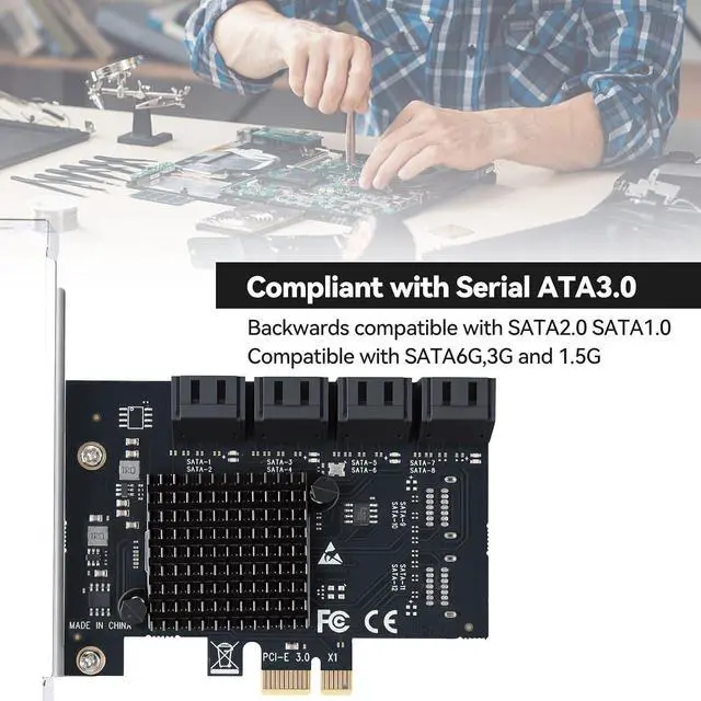 Alt view image 2 of 7 - ELUTENG 8-Port PCIe to SATA 3.0 Expansion Card SATA 6Gb/s SA3108J Chipset: ASM1064 + JMB575 X1 Slot 8-Port SATAs III Expansion Controller Card Adapter Includes 2 Screws and a Screwdriver