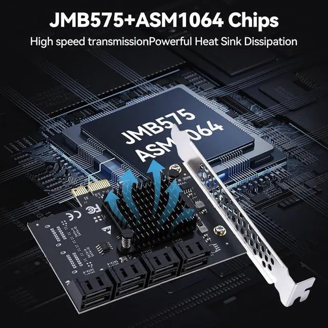 Alt view image 3 of 7 - ELUTENG 8-Port PCIe to SATA 3.0 Expansion Card SATA 6Gb/s SA3108J Chipset: ASM1064 + JMB575 X1 Slot 8-Port SATAs III Expansion Controller Card Adapter Includes 2 Screws and a Screwdriver