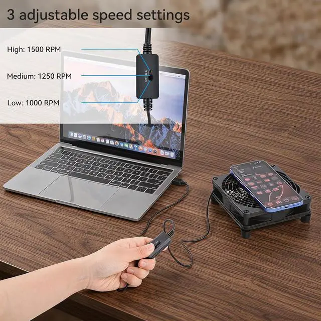 Alt view image 4 of 7 - ELUTENG 120mm USB Cooling Fan | 3 Adjustable Speed Settings, Double-Sided Metal Grille, Hydraulic Design, Quiet Operation, High-Airflow