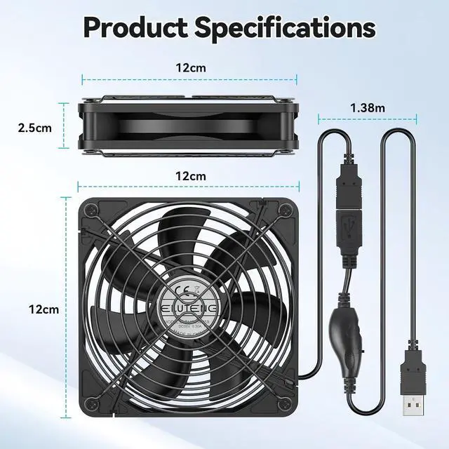 Alt view image 5 of 7 - ELUTENG 120mm USB Fan 5V with Variable Speed Control | 1100-2200RPM, Quiet Hydraulic, Double Sided Metal Grill, For PC, TV Box, DVR, Xbox, PS5, Cabinet