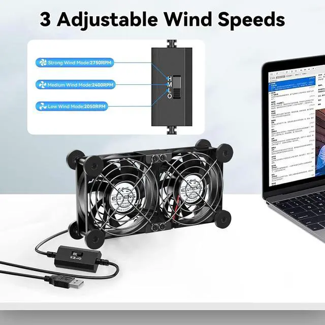 Alt view image 2 of 7 - ELUTENG 80mm Dual Cooling Fan with Temperature Controller | Quiet USB Blower, 3 Adjustable High Speed Max 2750RPM, USB Port Heatsink Ventilator, 8 Silicone Pads