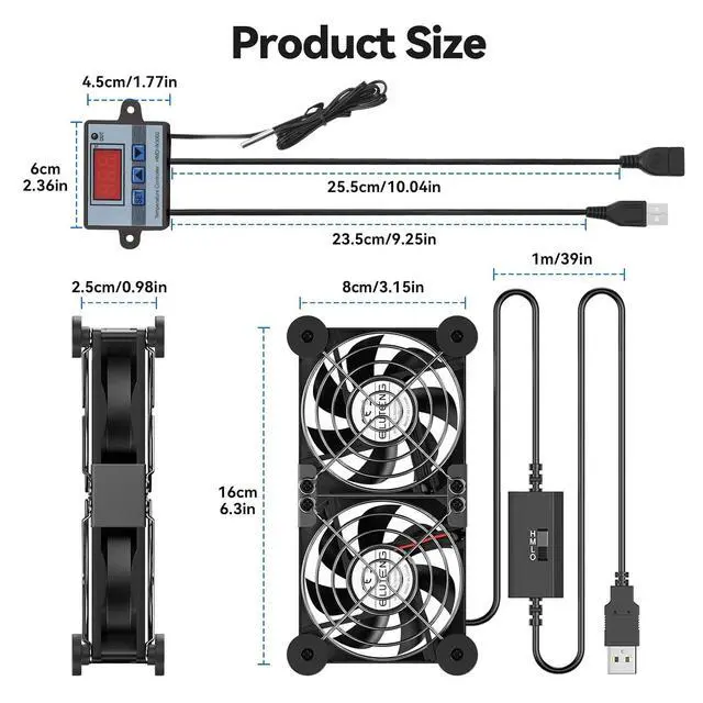 Alt view image 7 of 7 - ELUTENG 80mm Dual Cooling Fan with Temperature Controller | Quiet USB Blower, 3 Adjustable High Speed Max 2750RPM, USB Port Heatsink Ventilator, 8 Silicone Pads