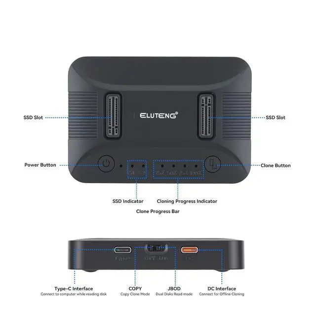 Alt view image 6 of 7 - ELUTENG Dual-Bay Dual-Protocol Hard Disk Copy/Clone Type-C Mobile Hard Disk Base Tool-Free 10Gbps Speed USB 3.1 Includes 9210CDP Chip with 2-in-1 Wire