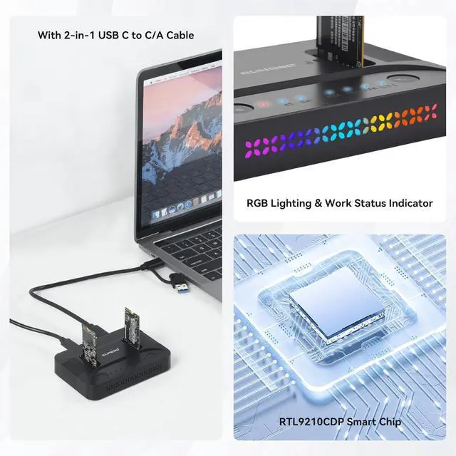 Alt view image 5 of 7 - ELUTENG Dual-Bay Dual-Protocol Hard Disk Copy/Clone Type-C Mobile Hard Disk Base Tool-Free 10Gbps Speed USB 3.1 Includes 9210CDP Chip with 2-in-1 Wire
