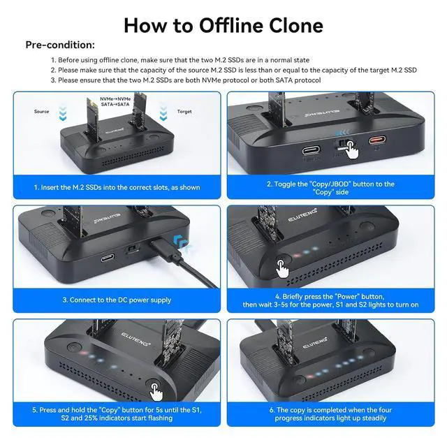 Alt view image 7 of 7 - ELUTENG Dual-Bay Dual-Protocol Hard Disk Copy/Clone Type-C Mobile Hard Disk Base Tool-Free 10Gbps Speed USB 3.1 Includes 9210CDP Chip with 2-in-1 Wire