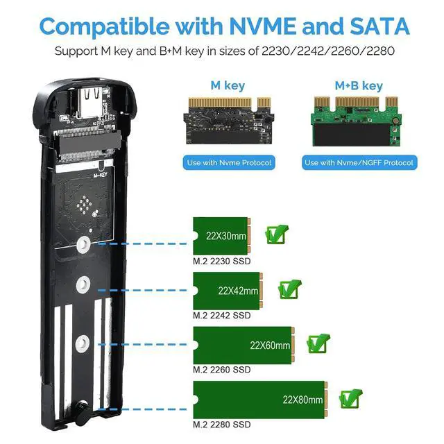 Alt view image 7 of 7 - ELUTENG M.2 NVMe SATA SSD Enclosure, USB 3.2 Gen 2 10Gbps,M2 SSDs Reader Adapter Tool-Free Dual Protocol M-Key/B+M Key External Adapter, Aluminum Case
