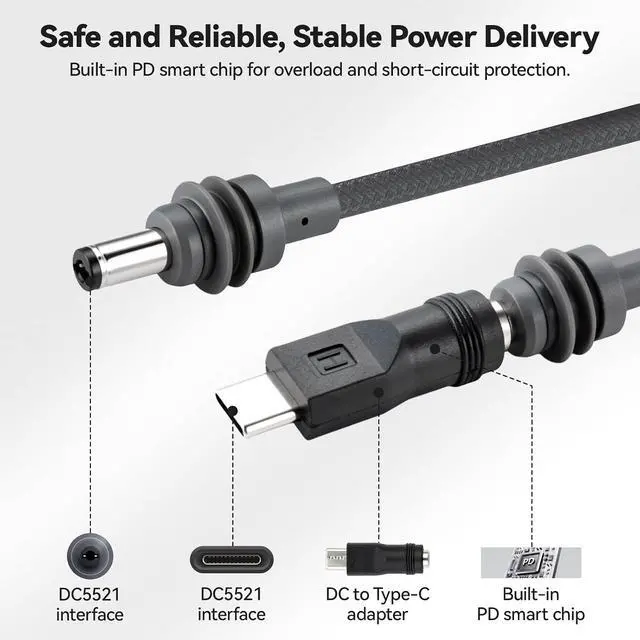 Alt view image 5 of 7 - ELUTENG 84w Starlink Mini DC Cable 8ft with DC to USB-C Adapter 12V 7A DC5521 Waterproof Braided Male to Male Power Cord Durable Plug and Play Star Link Mini Type C to DC Replacement Cables