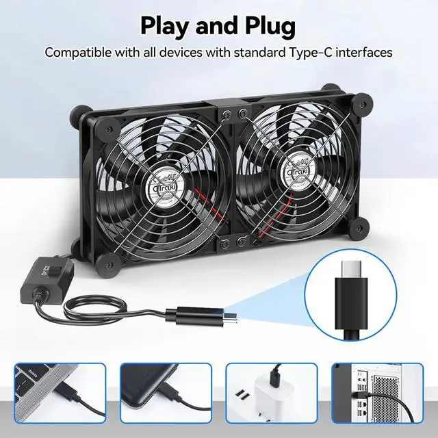 Alt view image 3 of 7 - ELUTENG Dual USB Computer Fan 120mm 3 Adjustable Speeds | 5V Type-C, Quiet Operation, For Router, Receiver, TV Box, DVR, Xbox, PS6, PS5, Cabinet