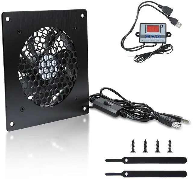 Main image of ELUTENG 120mm USB Cabinet Fan with Digital Thermostat Controller & 3 Speed Adjustable Cabinets Cooling Fans Aluminium Panel USB Computer Ventilator for AV Enclosure, Electrical Box, Home Theater, PC