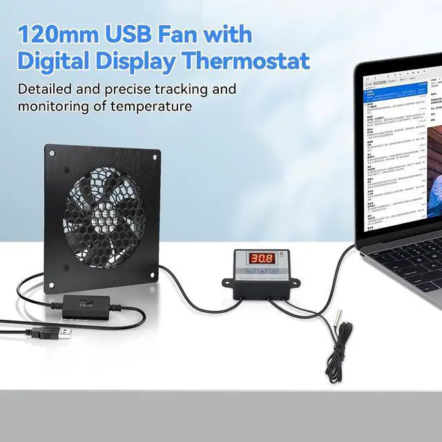 Alt view image 2 of 7 - ELUTENG 120mm USB Cabinet Fan with Digital Thermostat Controller & 3 Speed Adjustable Cabinets Cooling Fans Aluminium Panel USB Computer Ventilator for AV Enclosure, Electrical Box, Home Theater, PC