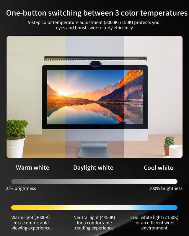 Alt view image 2 of 7 - ELUTENG 50CM Screen Clip Light with Double-Sided Adhesive Pad Aluminum Alloy Asymmetric Light Source Touch Control Dimmable Color Sedentary Reminder Eye-Caring Desk Lamp for Home Office Study