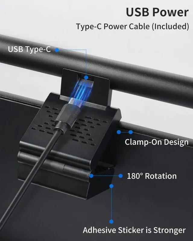 Alt view image 5 of 7 - ELUTENG 50CM Screen Clip Light with Double-Sided Adhesive Pad Aluminum Alloy Asymmetric Light Source Touch Control Dimmable Color Sedentary Reminder Eye-Caring Desk Lamp for Home Office Study