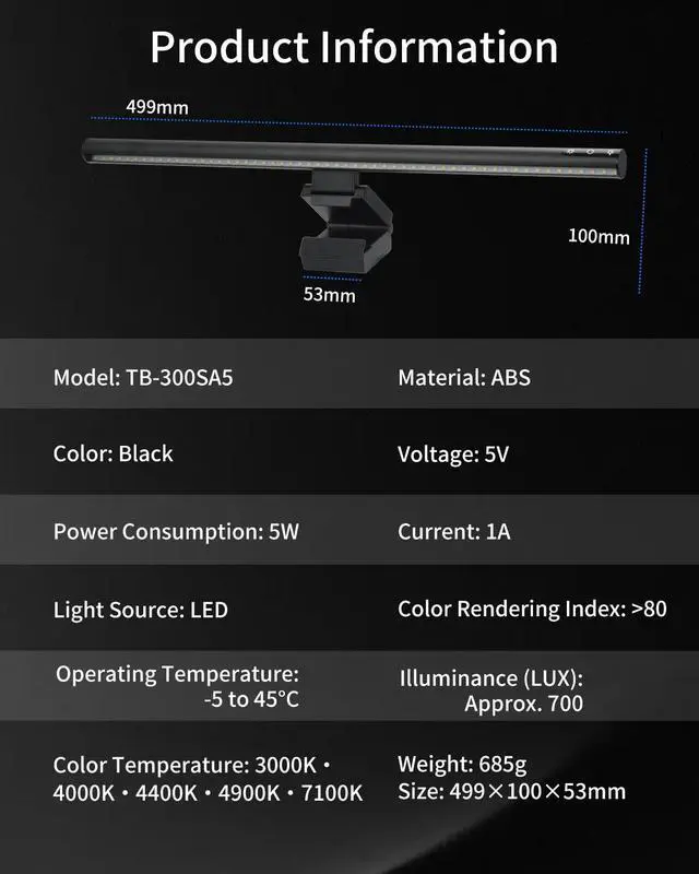 Alt view image 7 of 7 - ELUTENG 50CM Screen Clip Light with Double-Sided Adhesive Pad Aluminum Alloy Asymmetric Light Source Touch Control Dimmable Color Sedentary Reminder Eye-Caring Desk Lamp for Home Office Study