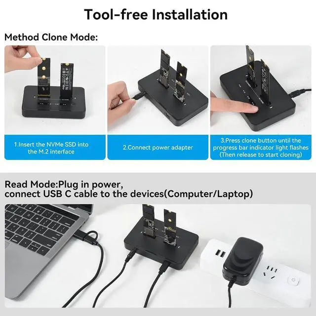 Alt view image 5 of 7 - ELUTENG M.2 NVMe SSD Cloner, USB 3.2 20Gbps Dual Bay NVMe Enclosure, Tool-Free Offline Clone & SSD to USB Adapter, Supports M-Key 2230/2242/2260/2280 SSDs