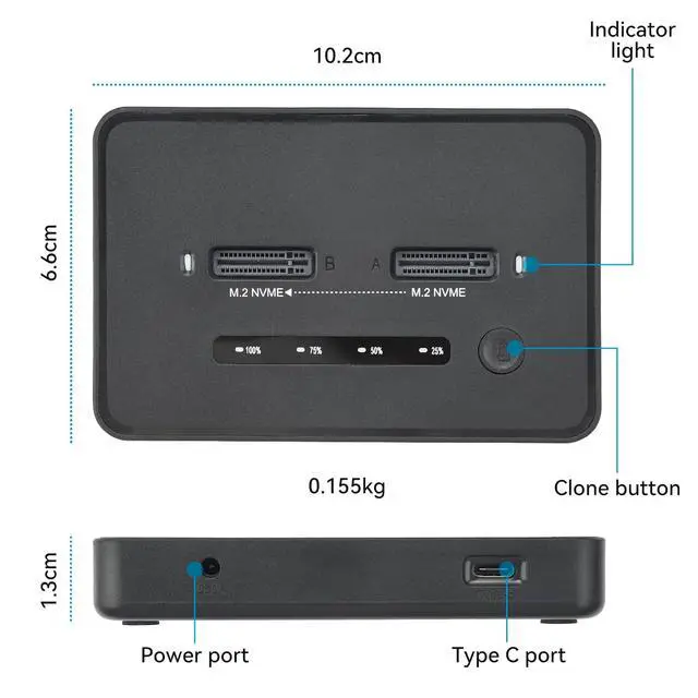 Alt view image 7 of 7 - ELUTENG M.2 NVMe SSD Cloner, USB 3.2 20Gbps Dual Bay NVMe Enclosure, Tool-Free Offline Clone & SSD to USB Adapter, Supports M-Key 2230/2242/2260/2280 SSDs