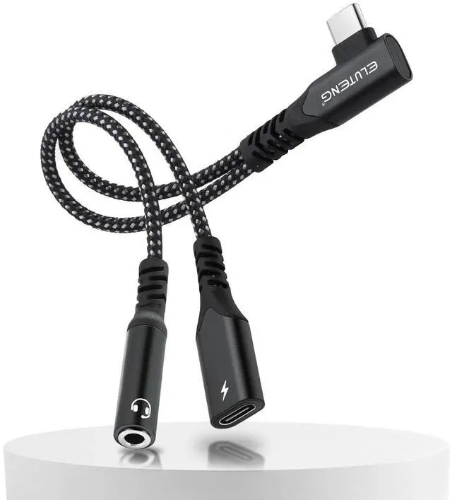 Main image of ELUTENG 2in1 USB C to 3.5mm Audio Adapter and Charger 0.65ft 90° Right Angle Hi-Res 32bit/384kHz Aux to Type C Cable Braided Nylon PD 60W Fast Charging Compatible for iPhone/Galaxy/Pixel/iPad