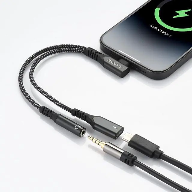 Alt view image 2 of 7 - ELUTENG 2in1 USB C to 3.5mm Audio Adapter and Charger 0.65ft 90° Right Angle Hi-Res 32bit/384kHz Aux to Type C Cable Braided Nylon PD 60W Fast Charging Compatible for iPhone/Galaxy/Pixel/iPad