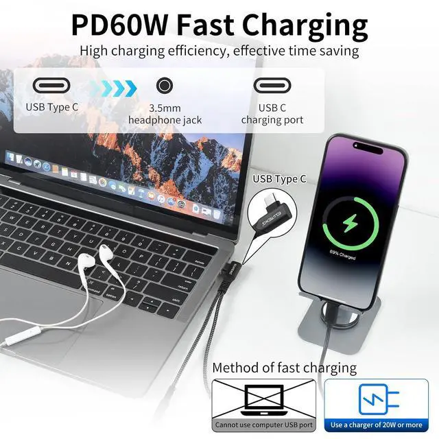 Alt view image 3 of 7 - ELUTENG 2in1 USB C to 3.5mm Audio Adapter and Charger 0.65ft 90° Right Angle Hi-Res 32bit/384kHz Aux to Type C Cable Braided Nylon PD 60W Fast Charging Compatible for iPhone/Galaxy/Pixel/iPad