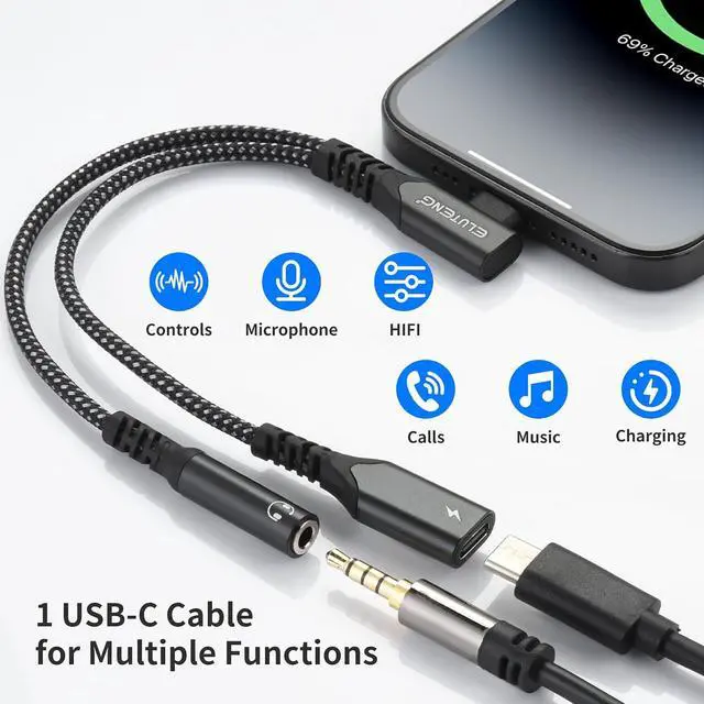 Alt view image 5 of 7 - ELUTENG 2in1 USB C to 3.5mm Audio Adapter and Charger 0.65ft 90° Right Angle Hi-Res 32bit/384kHz Aux to Type C Cable Braided Nylon PD 60W Fast Charging Compatible for iPhone/Galaxy/Pixel/iPad