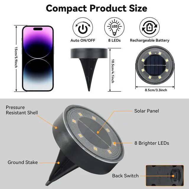 Alt view image 6 of 7 - ELUTENG Solar Ground Lights 8 Pack IP68 Waterproof Solar Pathway Lights 8 LED Garden Lights Anti-Rust Outdoor Landscape Lighting for Lawn, Yard, Deck, Driveway, Walkway (Warm Light)