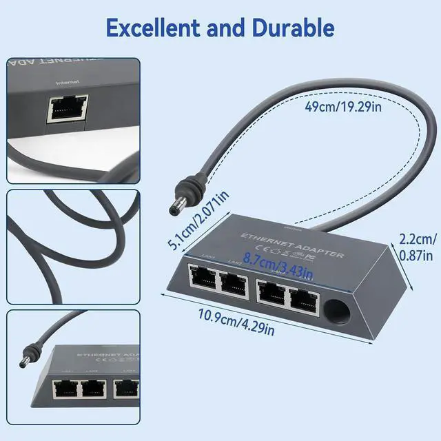 Alt view image 7 of 7 - ELUTENG Starlink Multi Port Ethernet Adapter 50cm/1.6ft for Starlink Gen 3 / MINI, 4-Ports Ethernet Dongles RJ45 Interface Wired Extenders with USB C to DC Adapter - 4 Devices Networked Simultaneously