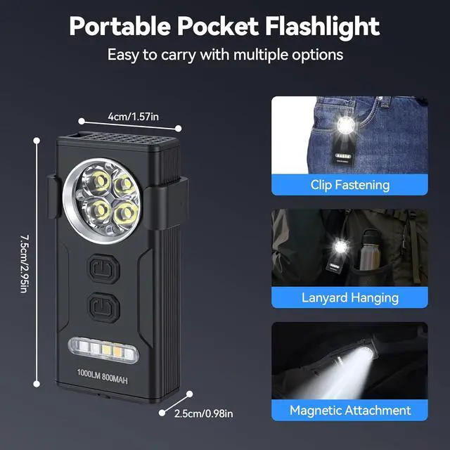 Alt view image 7 of 7 - ELUTENG Hat Lights Clip on 1000 Lumens Waterproof EDC Flashlight Rechargeable USBC-Charging Magnetic Flashlight for Outdoor, Car Repairing, Running, Emergency