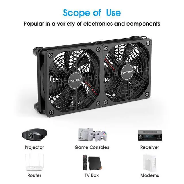 Alt view image 2 of 7 - ELUTENG Dual DC 120mm Case Fan with Power Adapter, Powerful 12V Ventilator Fan for Laptop Receiver DVR Playstation Xbox Desk Computer Cabinet Cooling