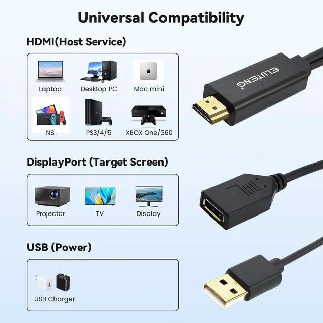 Alt view image 3 of 7 - ELUTENG HDMI to DisplayPort Adapter with USB Power - 4K@60Hz HDMI to DP Cable for Computer, Monitor, PS4, Xbox