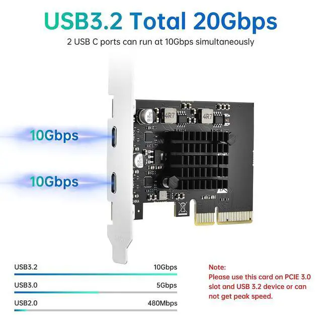 Alt view image 2 of 7 - ELUTENG 2-Ports PCIE USB 3.2 GEN2 Express Expansion Card 10Gbps with Large-Area Heatsink USB Front Panel Adapter for Windows 11/10/8/7/XP/Linux/Mac OS