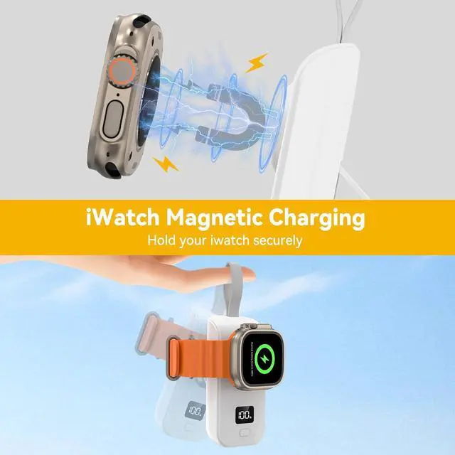 Alt view image 3 of 7 - ELUTENG iwatch Wireless Charger 2500mAh 2W Fast Charging Portable Magnetic Watch Charger 2-in-1 LED Display Keychain Rechargeable Mini iWatch Power Bank Compatible for Apple Watch Series, Phone