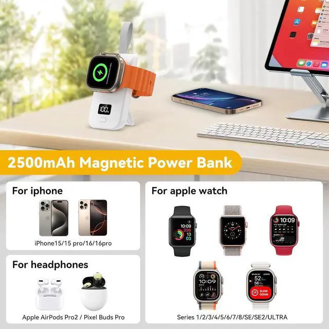 Alt view image 5 of 7 - ELUTENG iwatch Wireless Charger 2500mAh 2W Fast Charging Portable Magnetic Watch Charger 2-in-1 LED Display Keychain Rechargeable Mini iWatch Power Bank Compatible for Apple Watch Series, Phone